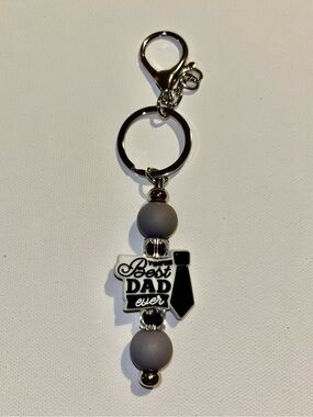 ‘Best Dad Ever’ w/Necktie Accent Keychain & Gray Silicone & Faceted Black Beads